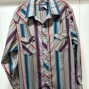 WRANGLER VTG Cowboy Cut PEARL Snap Striped Shirt Size 16 1/2 35  USA Western.